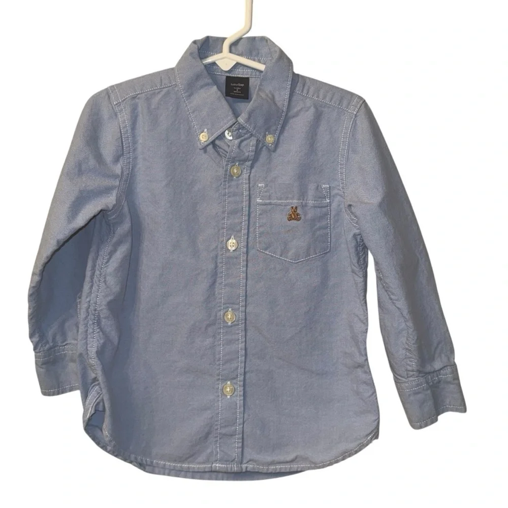 Baby Gap Light Blue Button Down Collared Shirt with Teddy Bear Logo